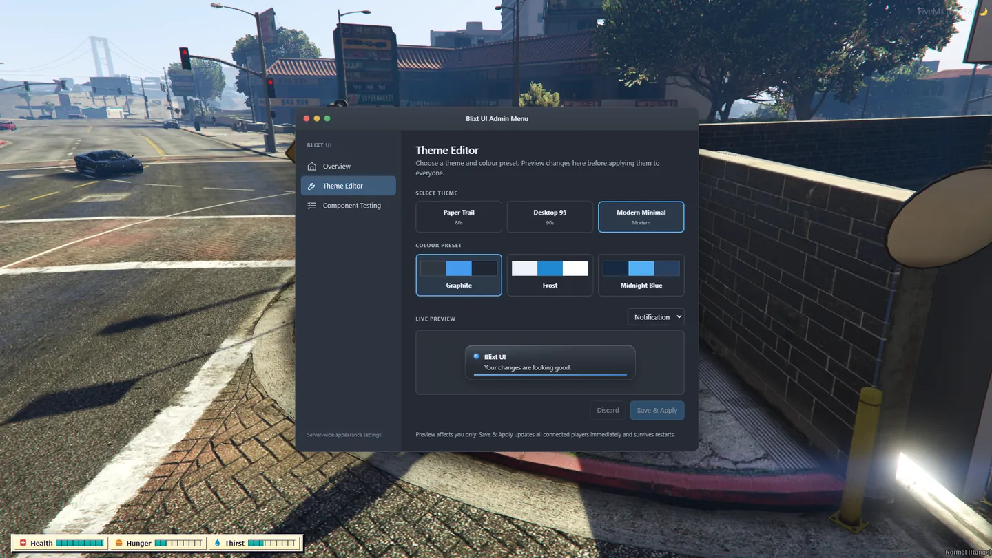 Blixt UI theme editor with a modern dark interface